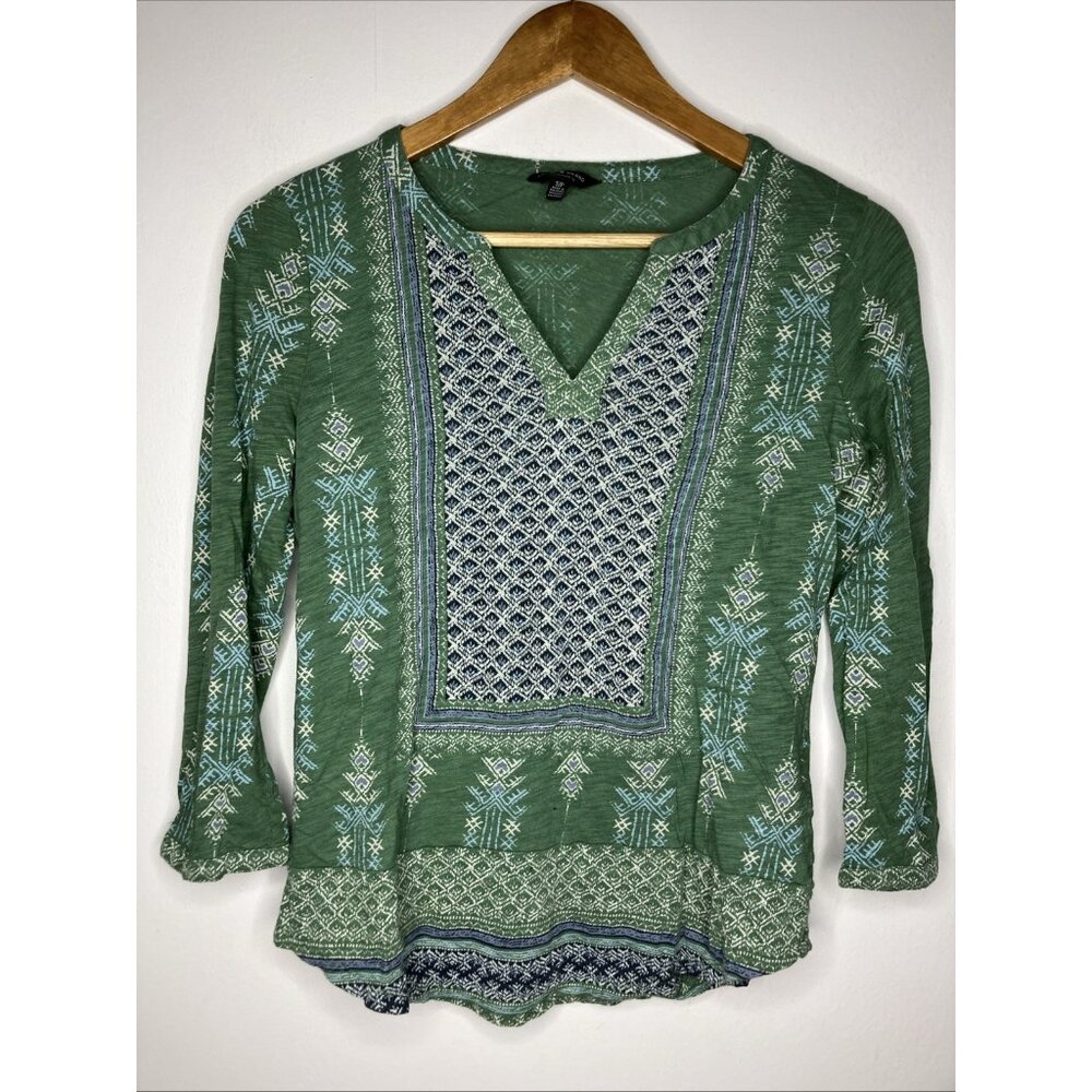 Lucky Brand Green Long Sleeve Split V-Neck Women's Small Shirt READ FLAWED